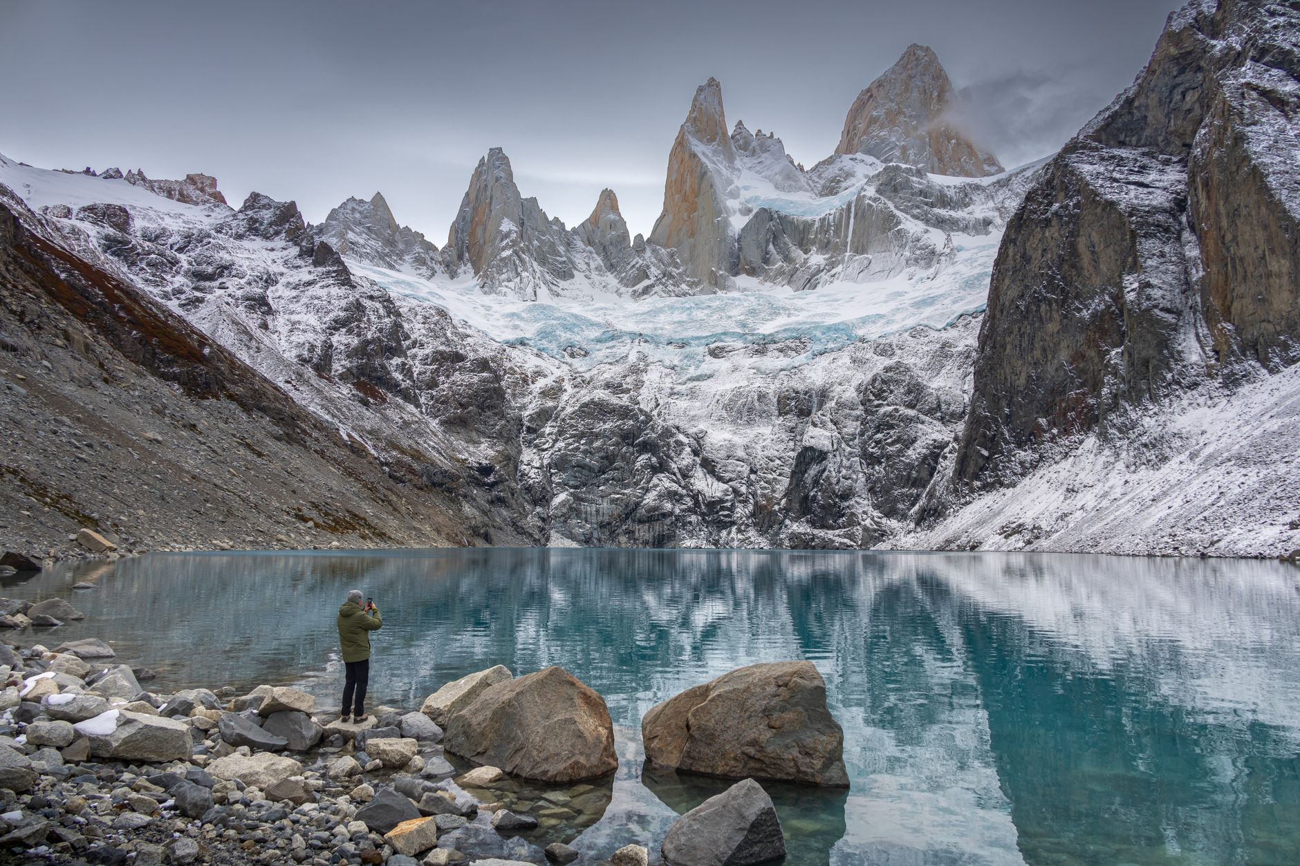 Patagonian mountain glacier and wild windswept landscape